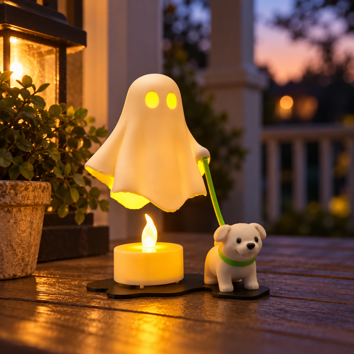 Ghost and puppy tealight holder with green lead on a console table with books and autumn accents