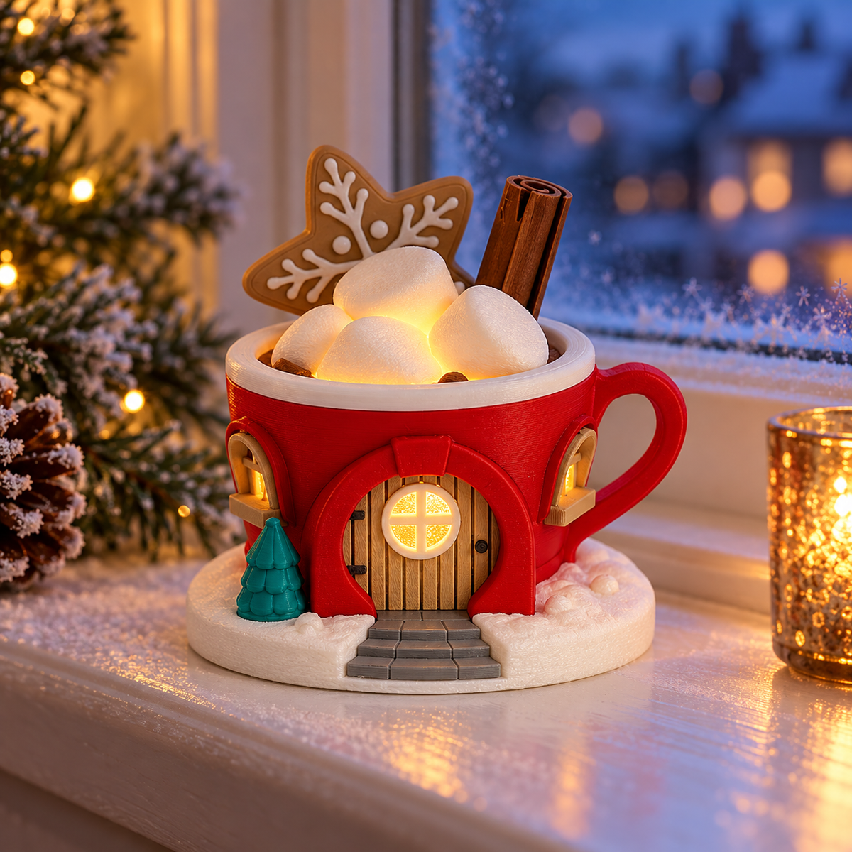 Red Christmas mug tealight holder with a warm golden glow on a windowsill overlooking a snowy winter scene.