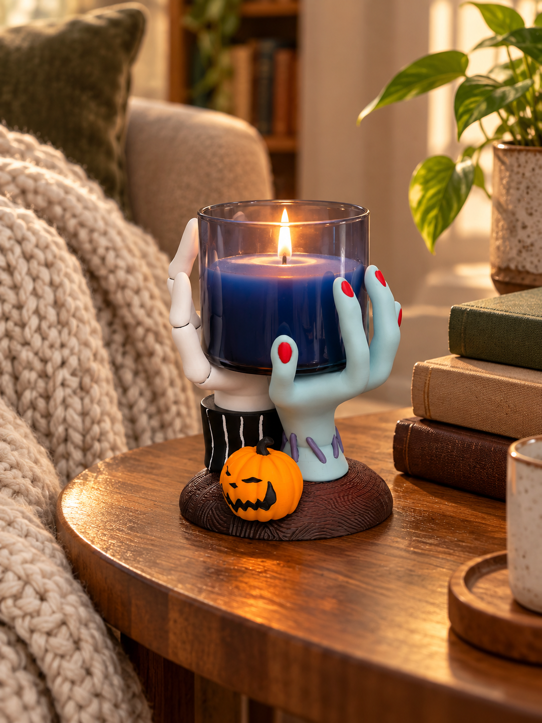Hands Candle Holder displayed with pumpkins and autumn leaves on a kitchen counter