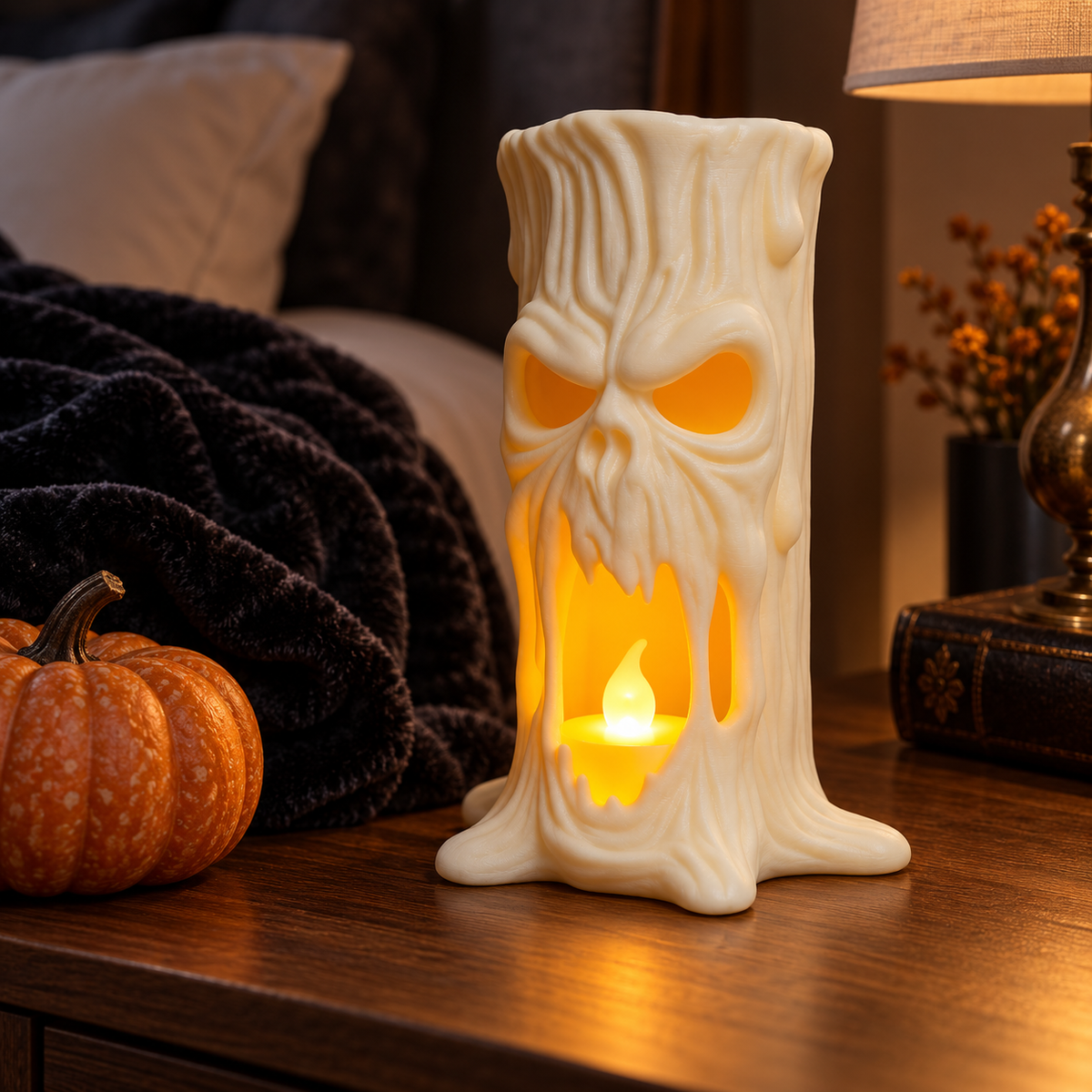 White tree stump tealight holder on a side table with autumn foliage