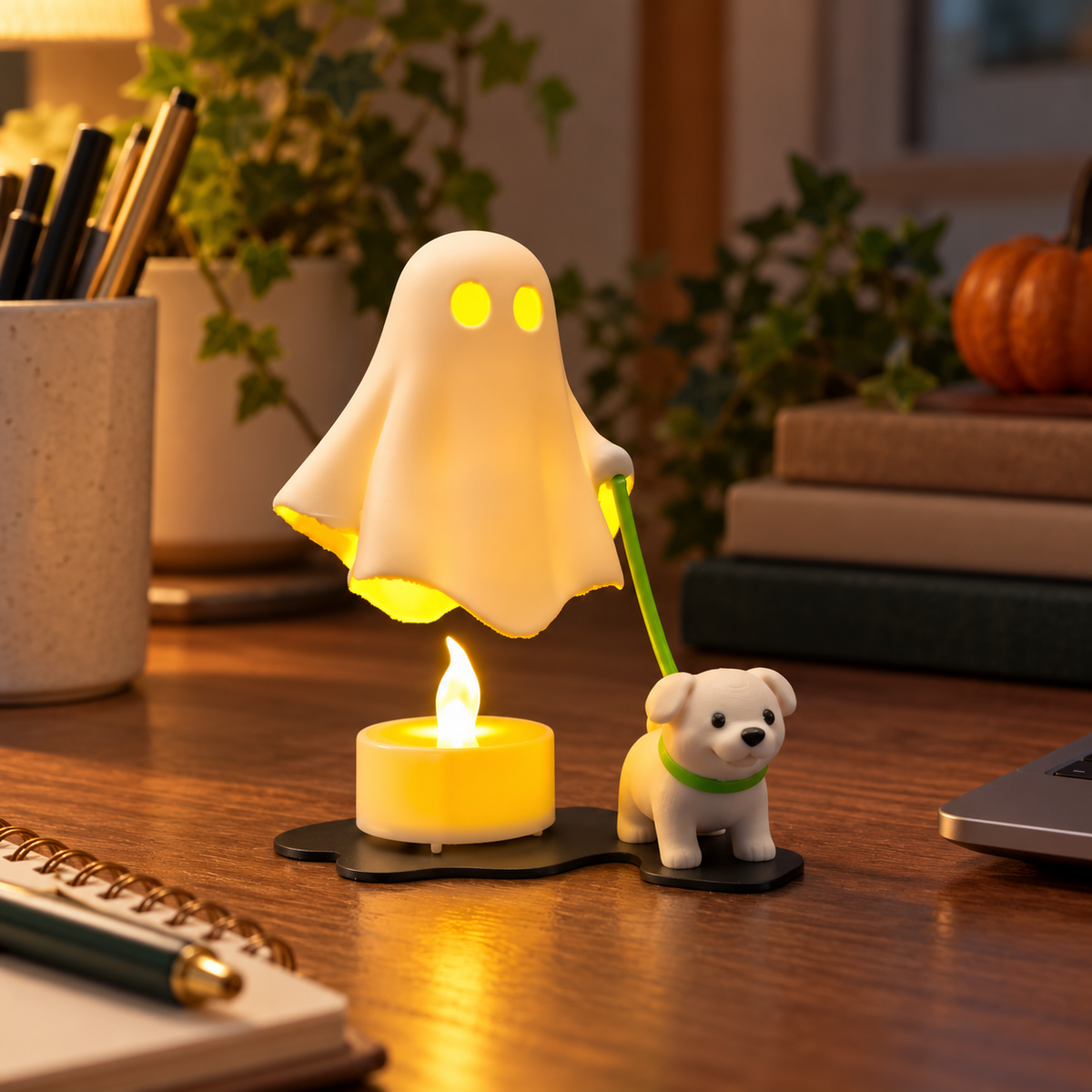 Green-lead ghost walking a white puppy on a bookshelf with a potted plant