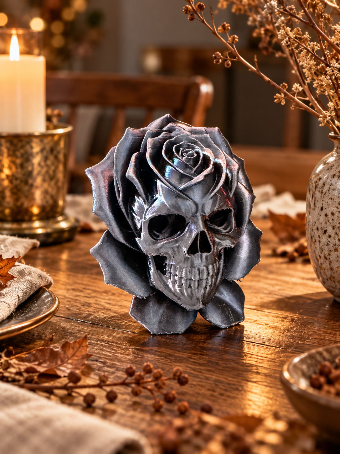 Pink rose-shaped skull ornament displayed in natural light