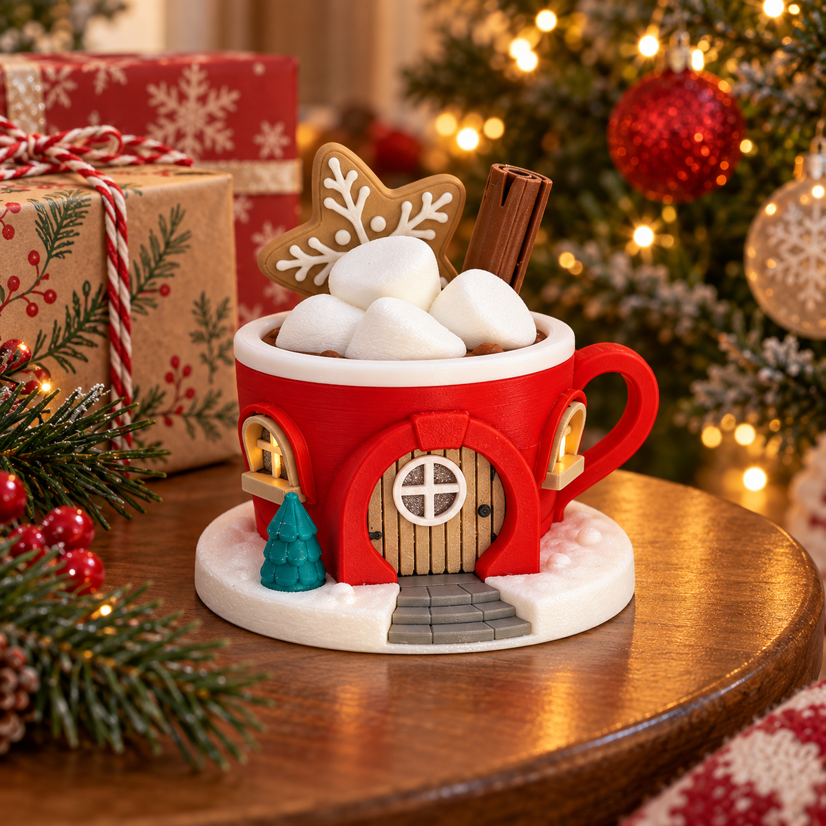 Christmas mug-shaped tealight holder on a bright surface with festive greenery.