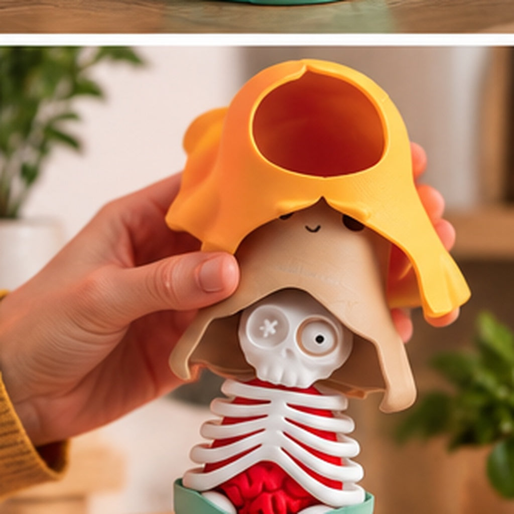 A hand opens the yellow hooded outer layer of the Horror Russian Doll