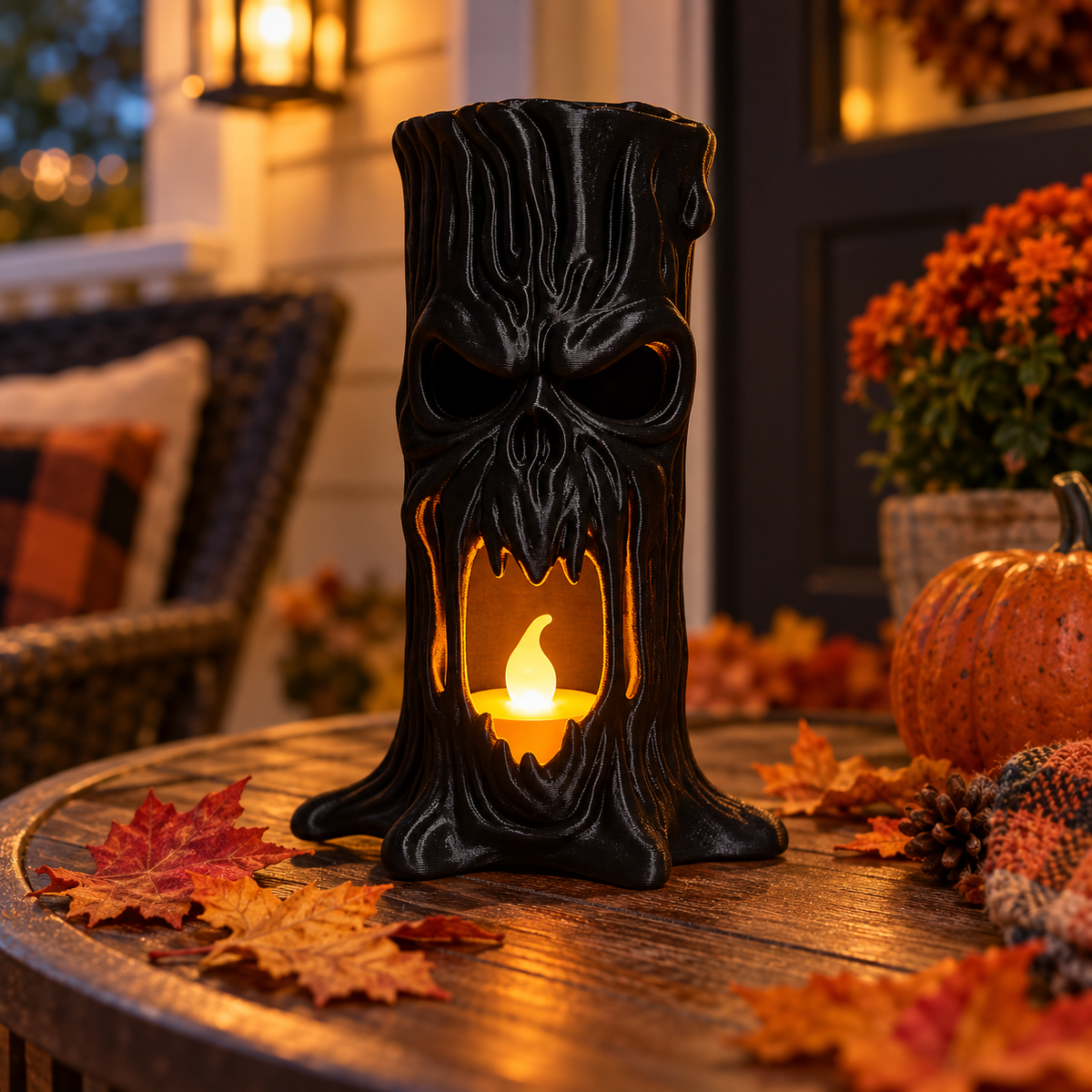 White tree stump skull tealight holder beside a dark throw and pumpkin