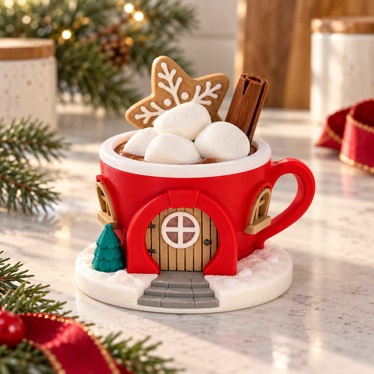 Warmly lit red Christmas mug cottage displayed on a wooden mantel beside a glowing fireplace and Christmas greenery.