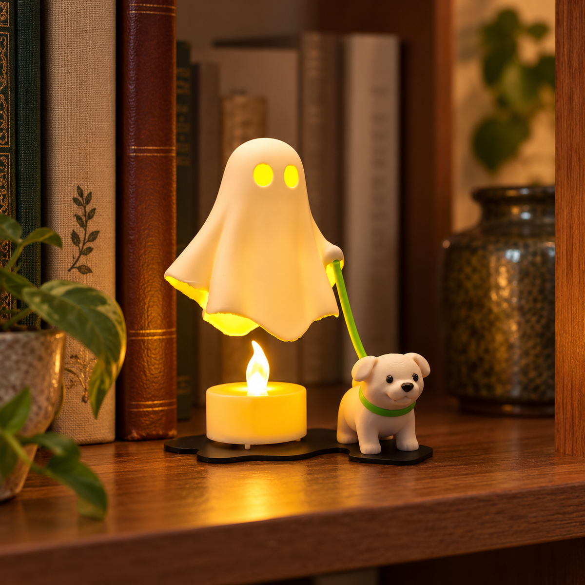 White ghost and puppy tealight holder with a red lead on a bright wooden shelf