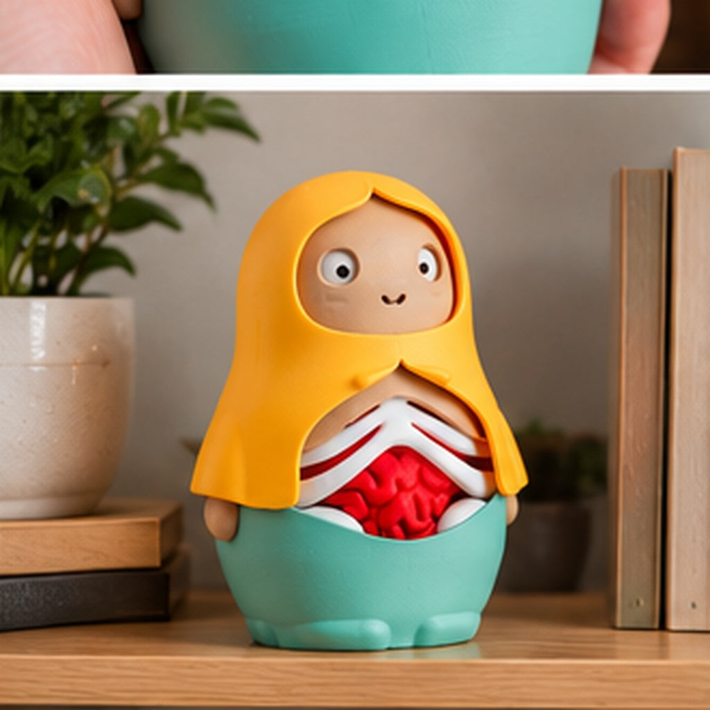 Horror Russian Doll displayed on a wooden tray beside a plant