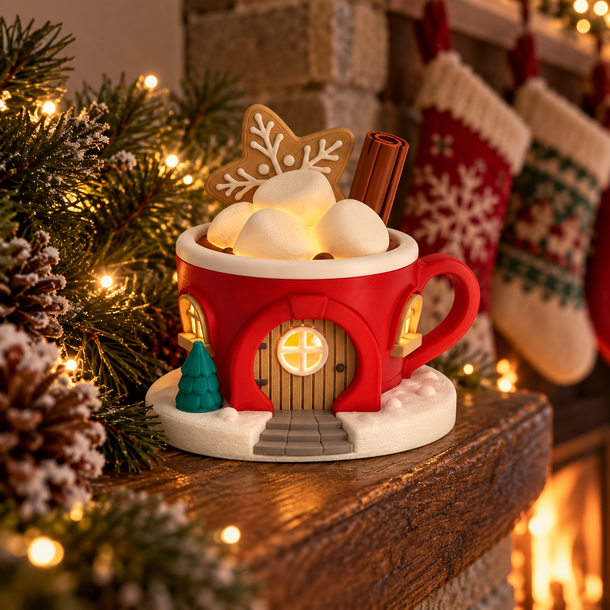Red Christmas mug-shaped cottage styled with wrapped presents, festive greenery and warm golden lights.