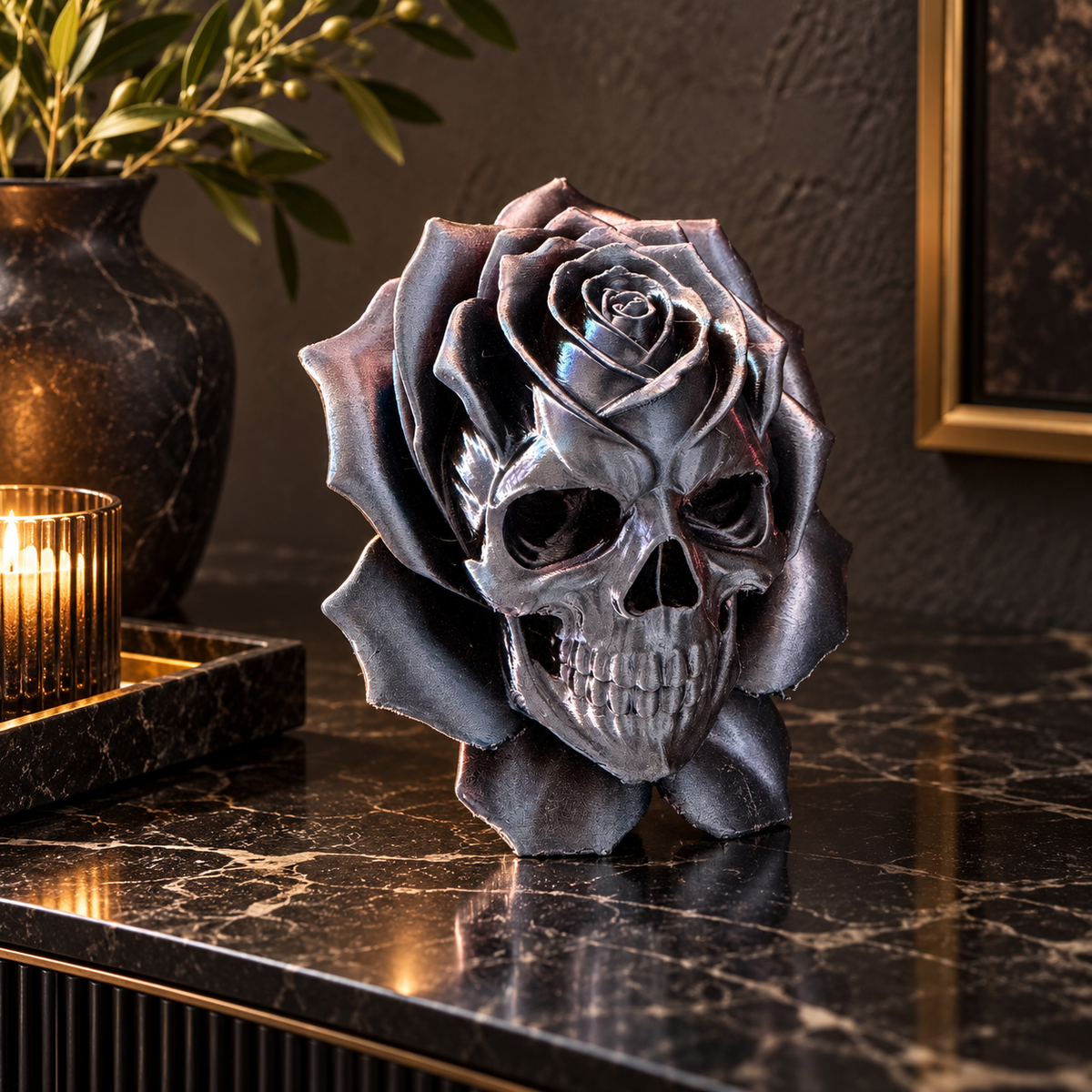 Pink skull rose displayed with books and warm decorative accents