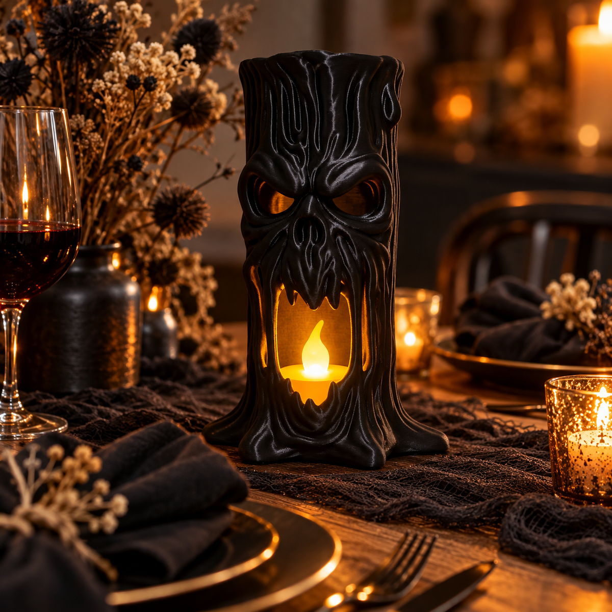 Black tree stump skull tealight holder as an autumn dining table centrepiece