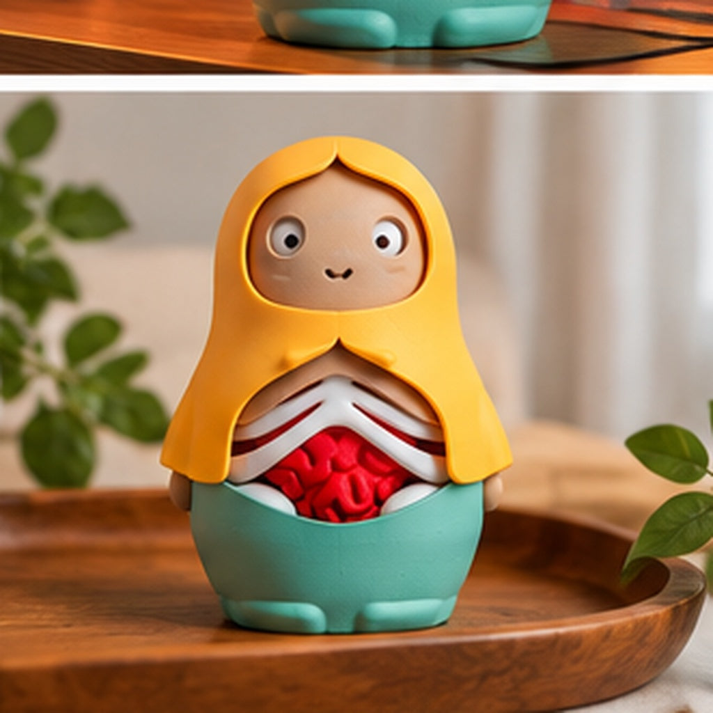 Side view of the Horror Russian Doll showing its yellow hood and teal lower shell