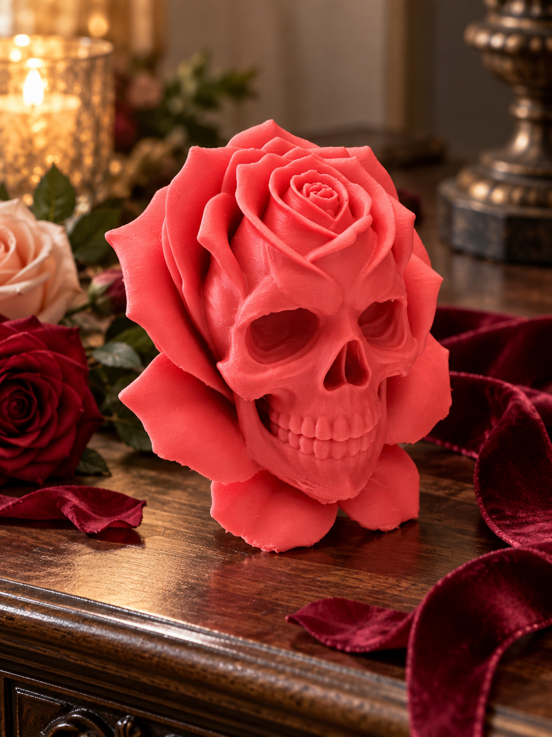 Pink skull flower styled with greenery and home décor