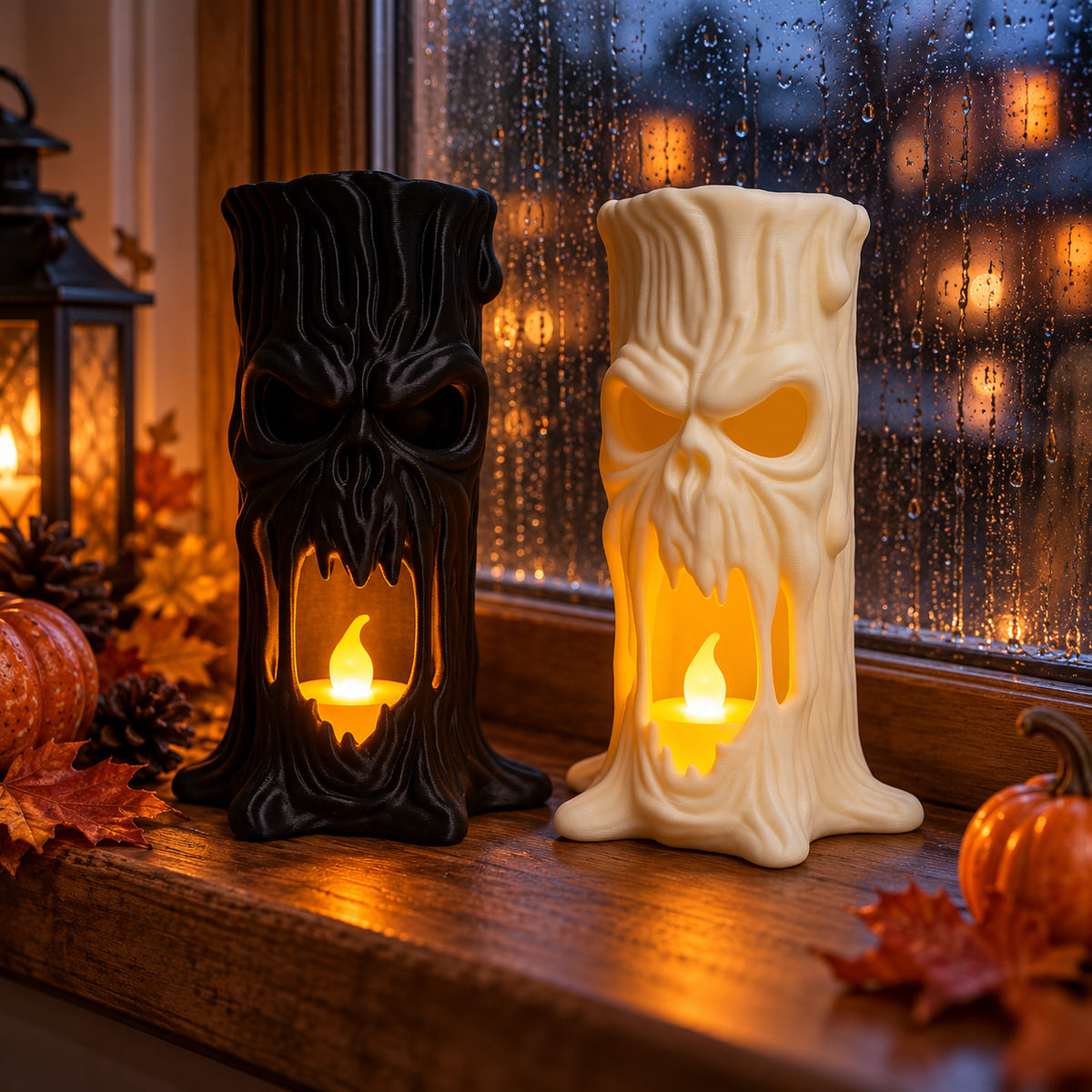 Black and white tree stump tealight holders displayed together by a rainy window