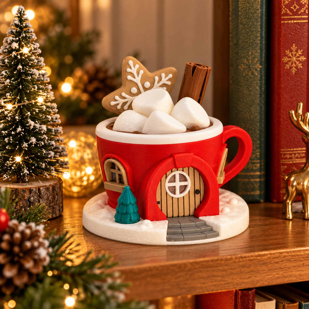 Glowing red cottage mug tealight holder in a cosy Christmas scene.
