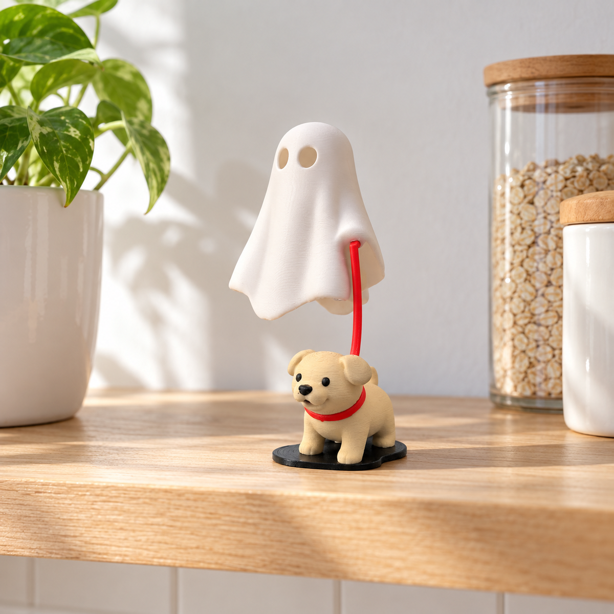 Ghost walking dog holder with red lead on a Halloween table with sweets and pumpkins