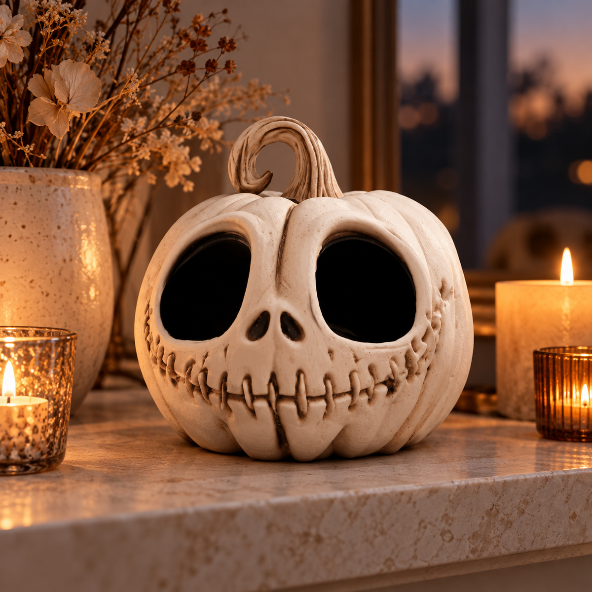 Ivory pumpkin shaped as a skull, with dark eye sockets, a toothy grin and a curled stem on a candlelit autumn mantel