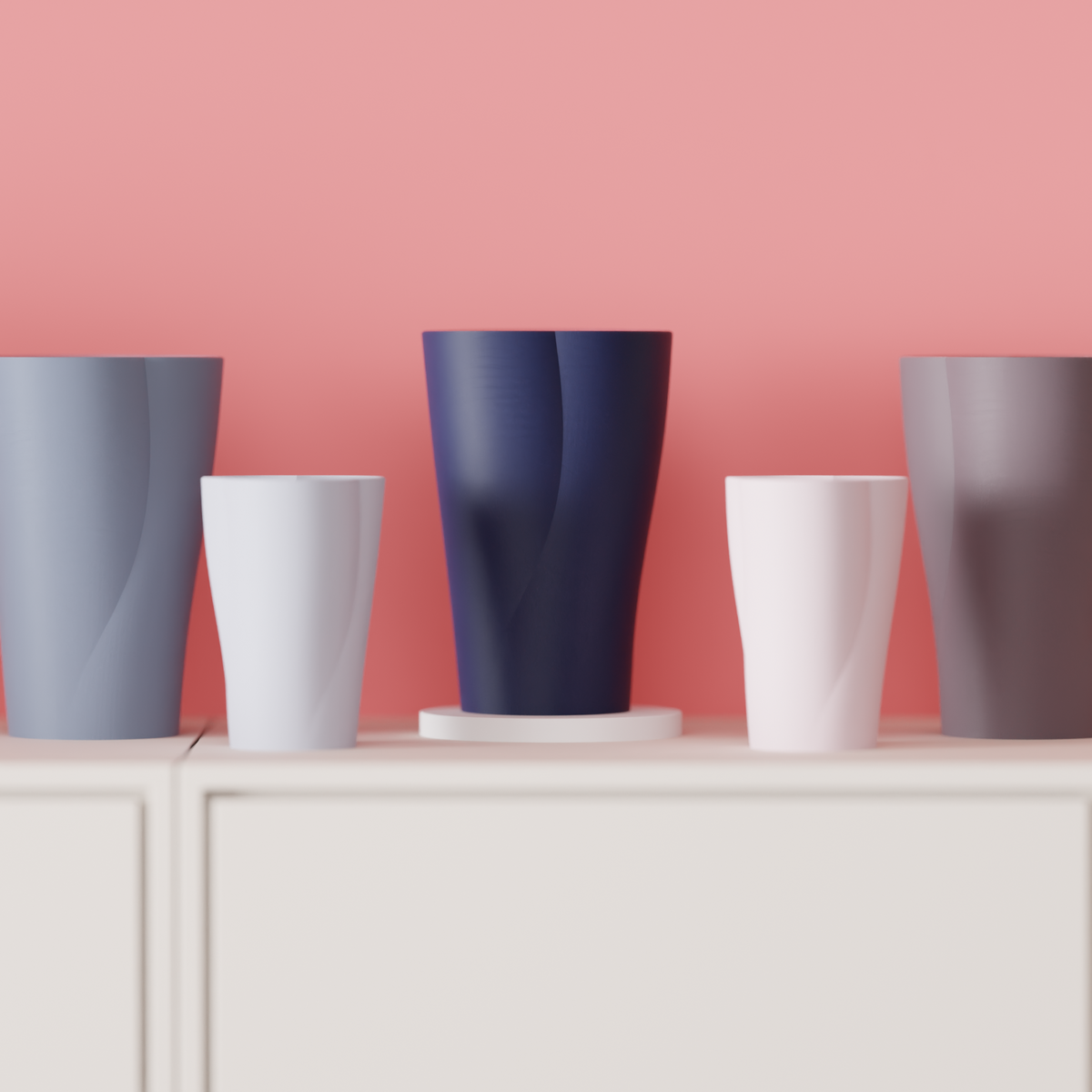 Elegant Modern Curve Vase wide tapered truncated-cone silhouette softly pinched waist twist diagonal surface flow navy white grey taupe white sideboard coral pink wall wide shot
