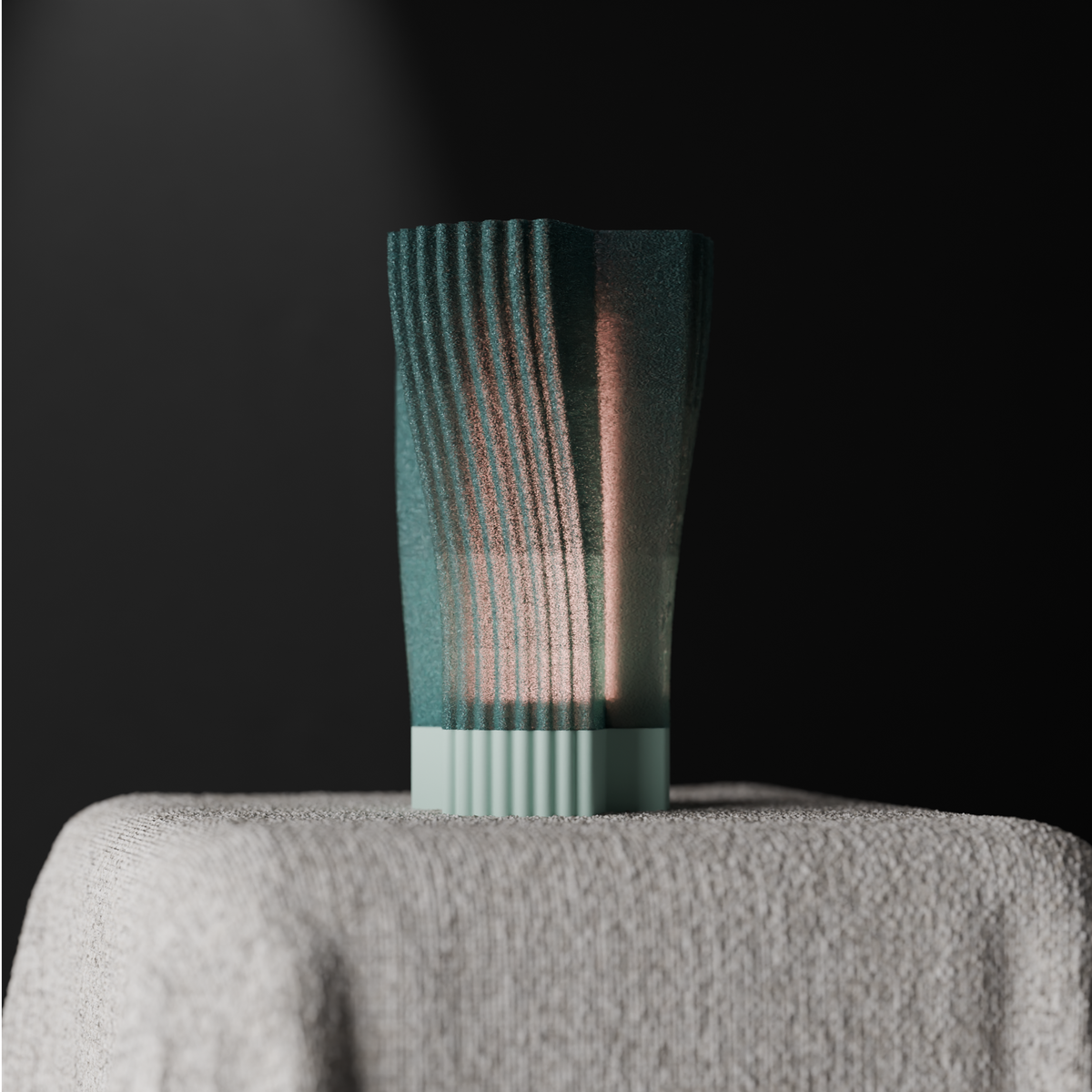 Swirl and Shine Desk Lamp teal green main render showing two-layer twisted ribbed shade glowing warmly white background