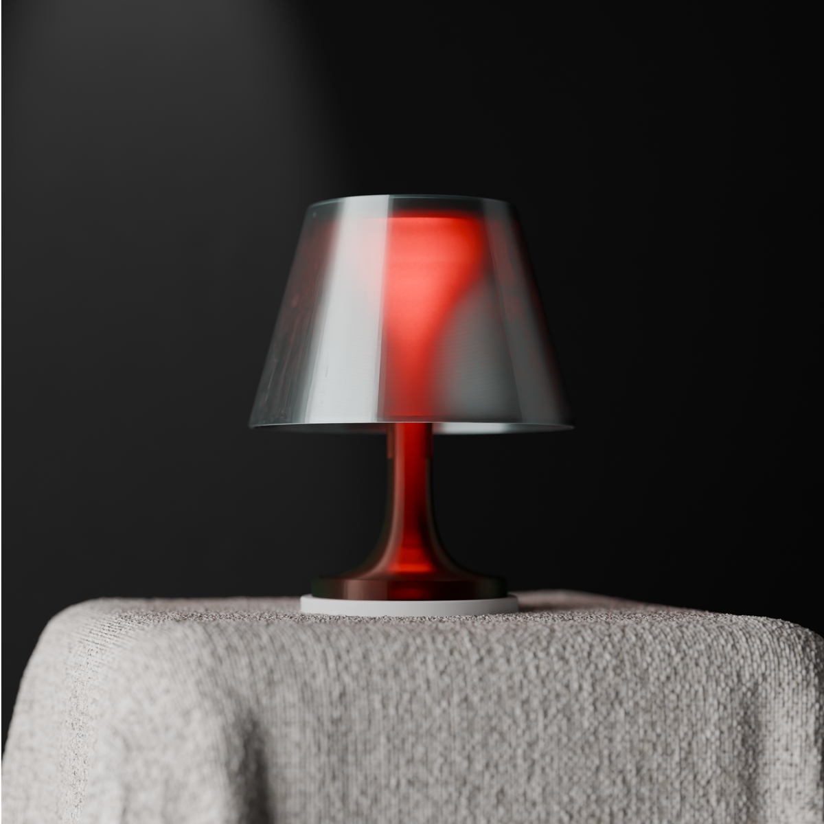 Modern Ambient Table Lamp classic tapered translucent frosted lampshade slim elegant stem round white base glowing vivid red from LED light within dark dramatic background stone plinth hero shot