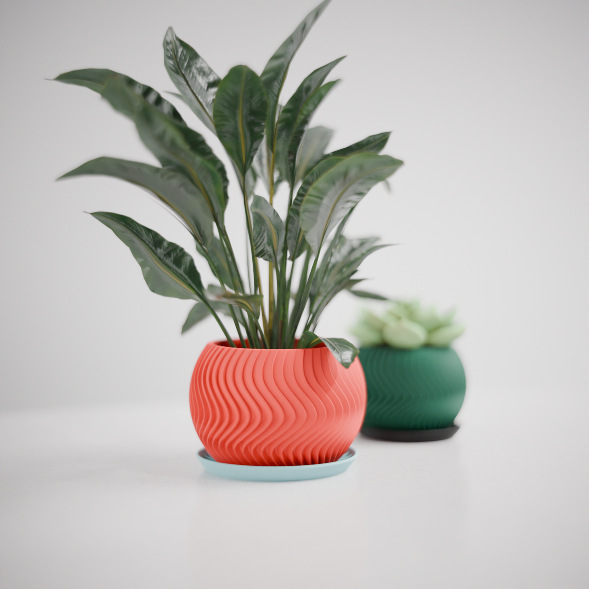 Modern Wavy Planter Pot rounded globe form flowing vertical wave texture coral red with matching light blue drainage tray holding large tropical plant and deep green globe planter with succulent white studio background editorial hero shot