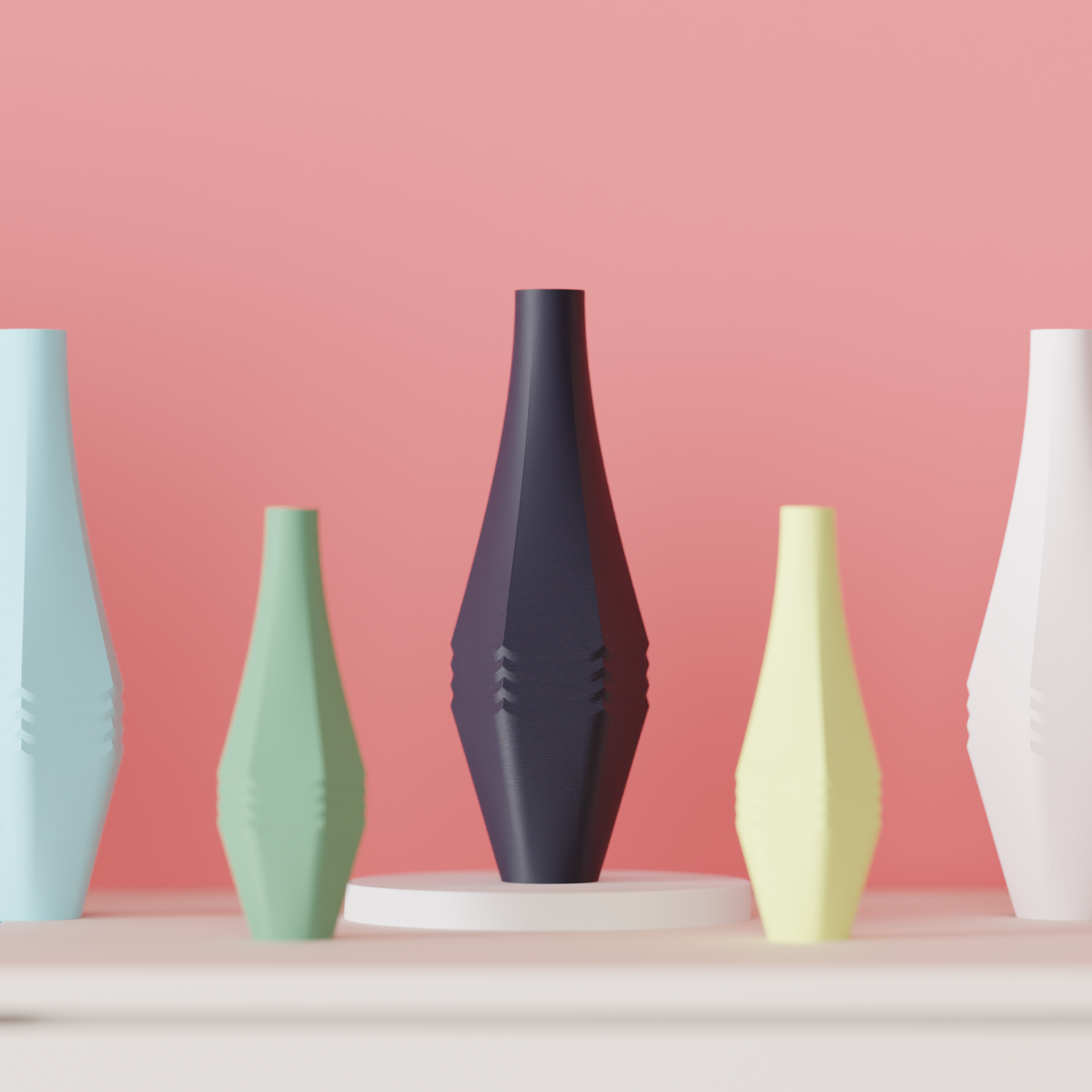 Stagger Panel Vase tall elegant diamond-waisted silhouette staggered faceted angular panel geometry five colours mint blue sage green dark navy yellow-green white matte finish pale pink blush sideboard blush pink wall editorial hero shot
