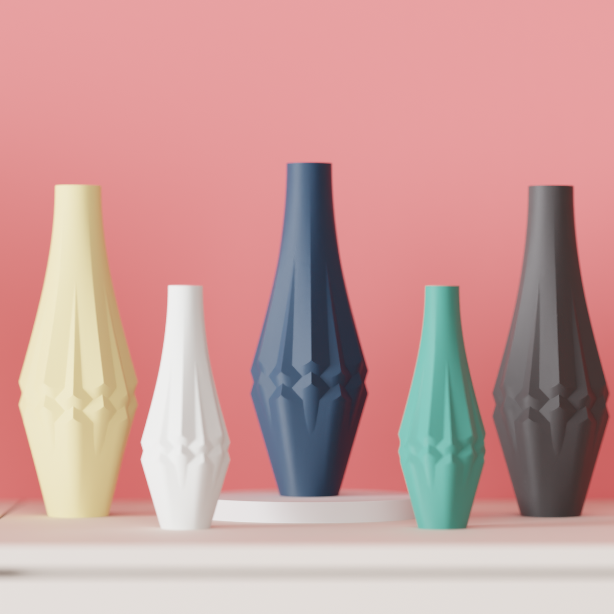 Twist Panel Vase tall angular faceted panel body dramatic mid-body geometric twist narrow tapered neck five colours soft yellow chalk white navy blue teal green charcoal matte finish pink painted sideboard blush pink wall editorial hero shot