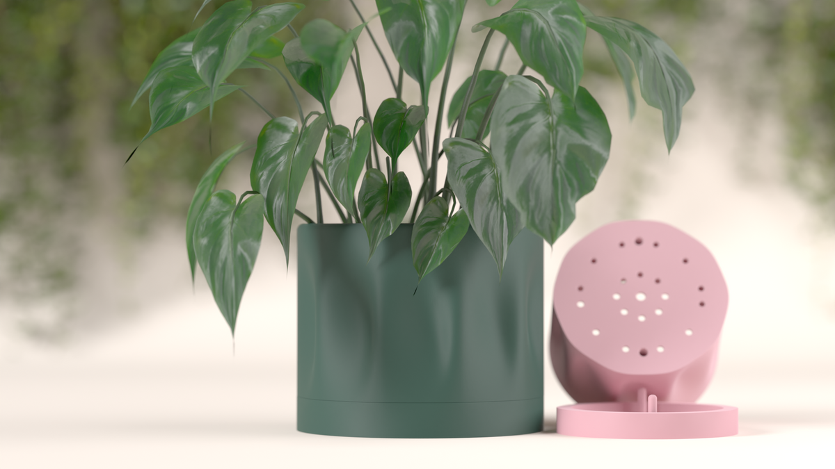 Minimal Rounded Planter dark green with pink self-watering insert render