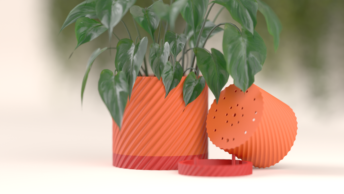 Twist Texture Self-Watering Planter orange with dripper insert product studio