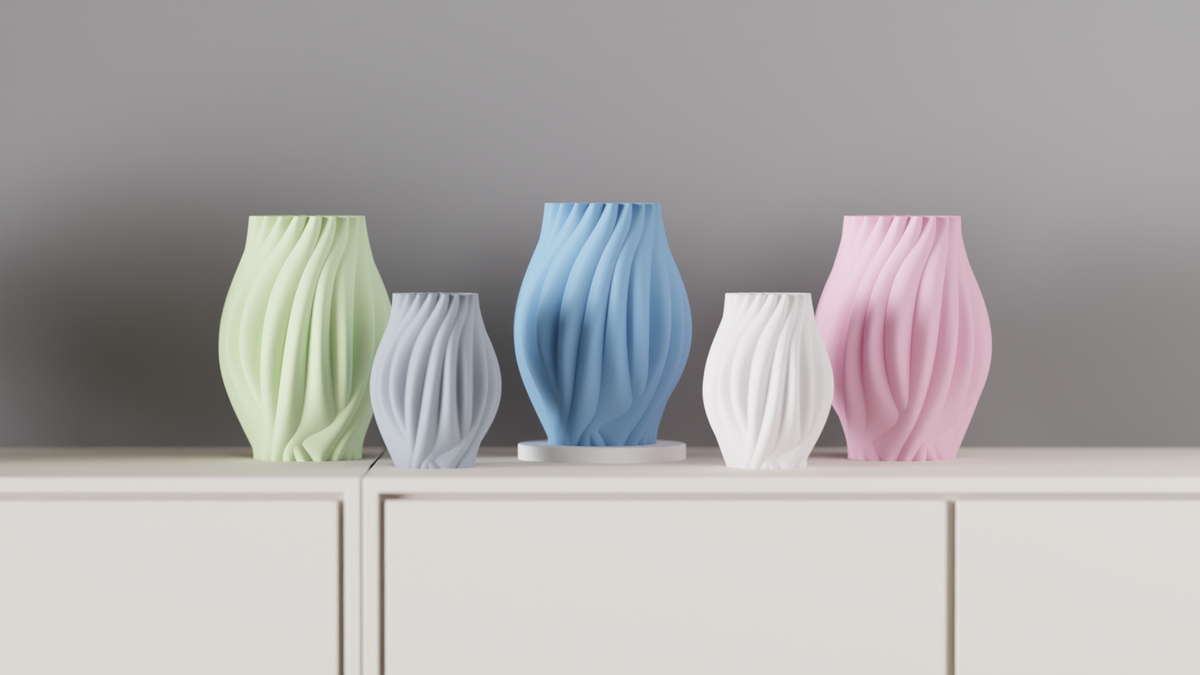 Organic Flow Vase powder blue deeply sculpted flowing drape-fold spiral surface plain white background portrait hero shot