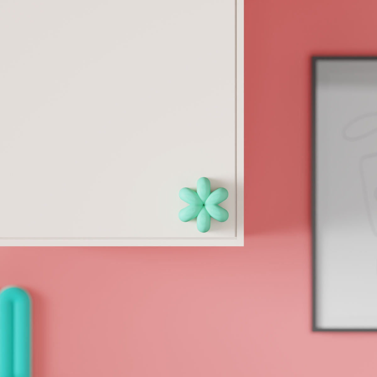 Wibble Cabinet Handle — mint green floating lifestyle render with geometric shapes
