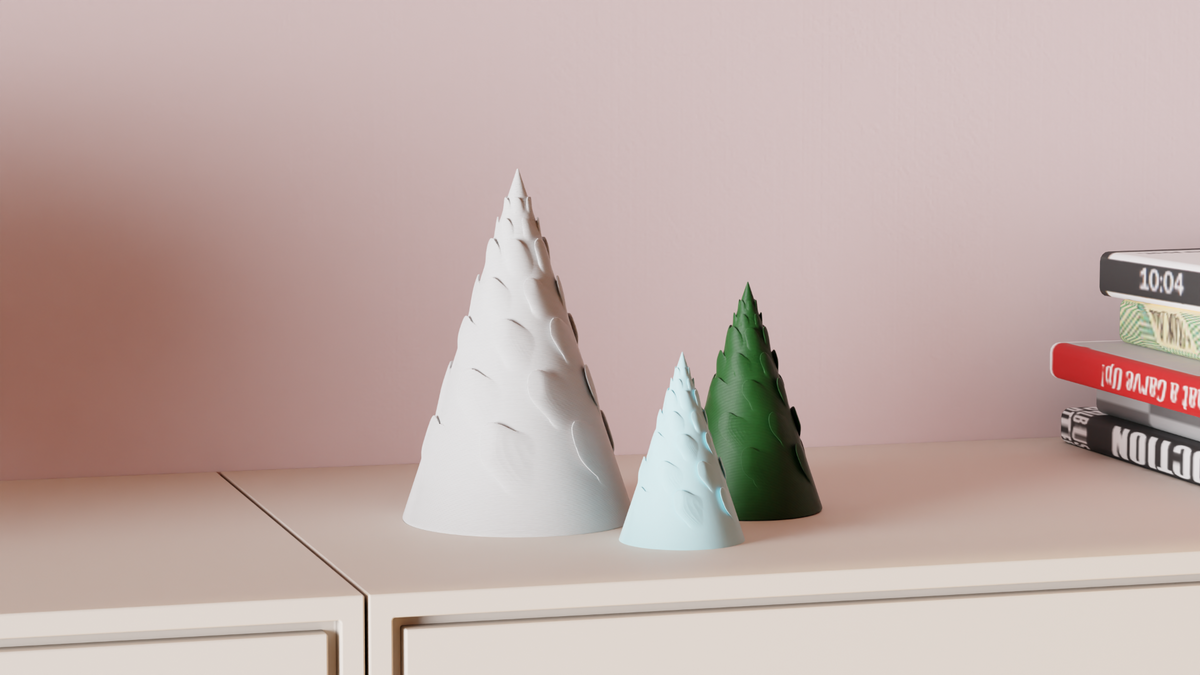 White, pale blue and green Spiral Branch Christmas Trees grouped together