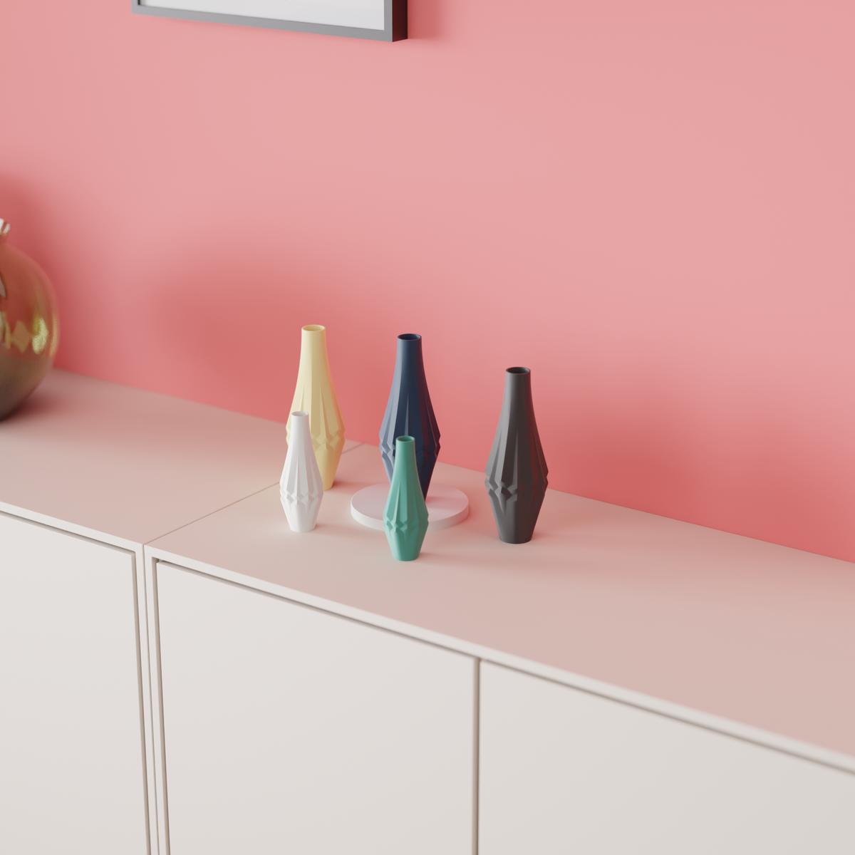 Twist Panel Vase tall angular faceted panel body dramatic mid-body geometric twist narrow tapered neck four colours white yellow teal navy matte finish pink sideboard blush pink wall with gold vase accent editorial lifestyle hero shot