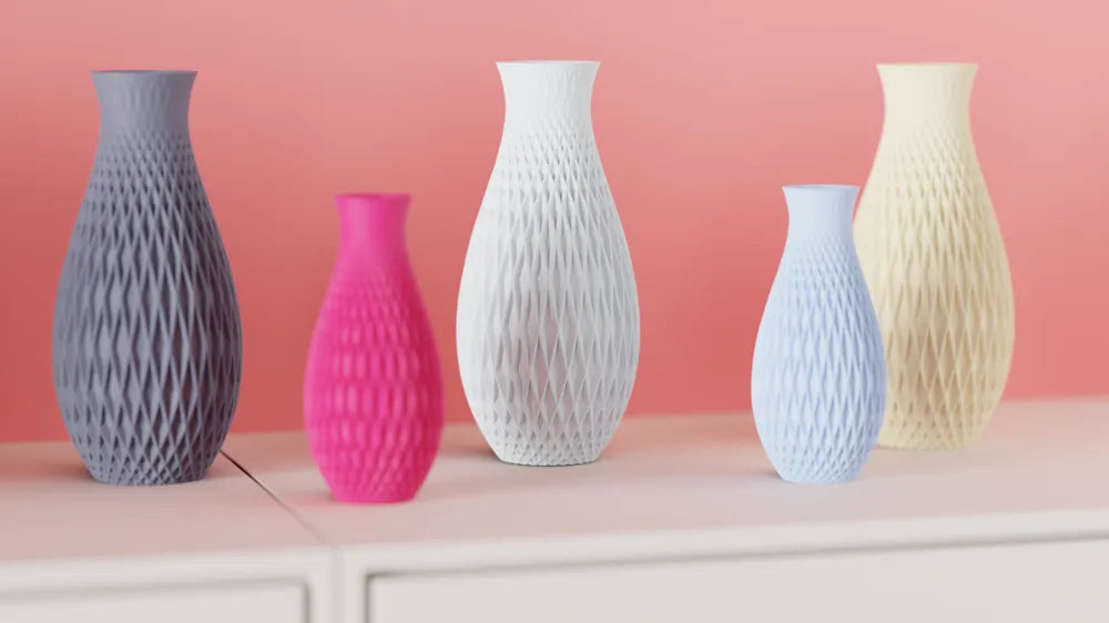 Textured Geometric Vase five vases diamond-weave lattice pattern grey magenta white powder blue cream on pale sideboard coral pink wall close portrait