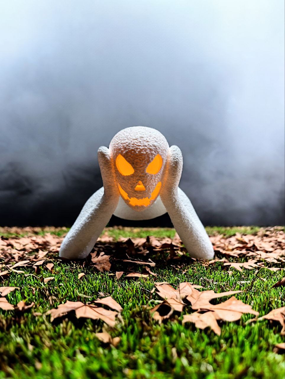 White textured NOBODY LANTERN with glowing orange pumpkin face on a wooden tabletop