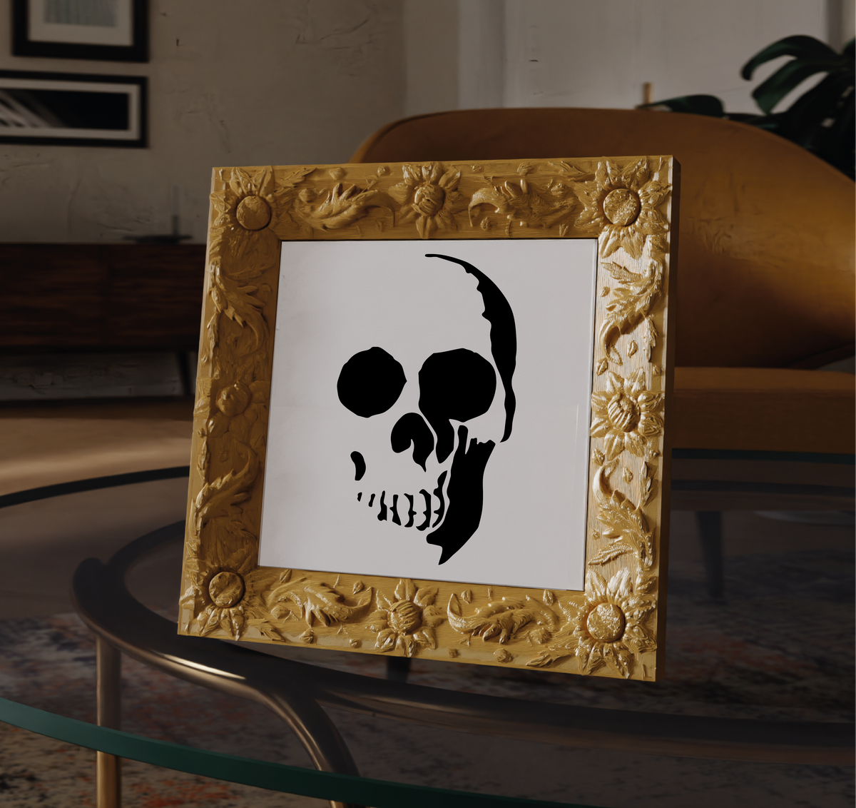 Black skull silhouette inside an ornate gold floral frame