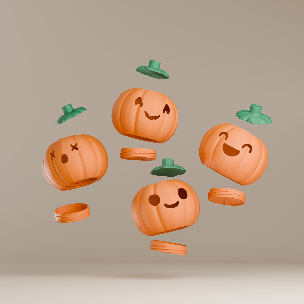 Four pumpkin lanterns glowing with distinct faces