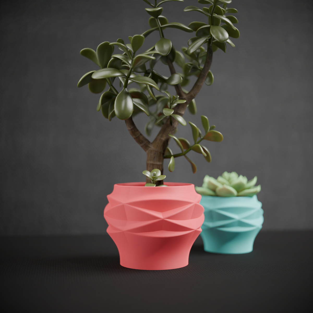 Diamond Faceted Two-Part Planter render front view showing interlocking diamond faceted surface