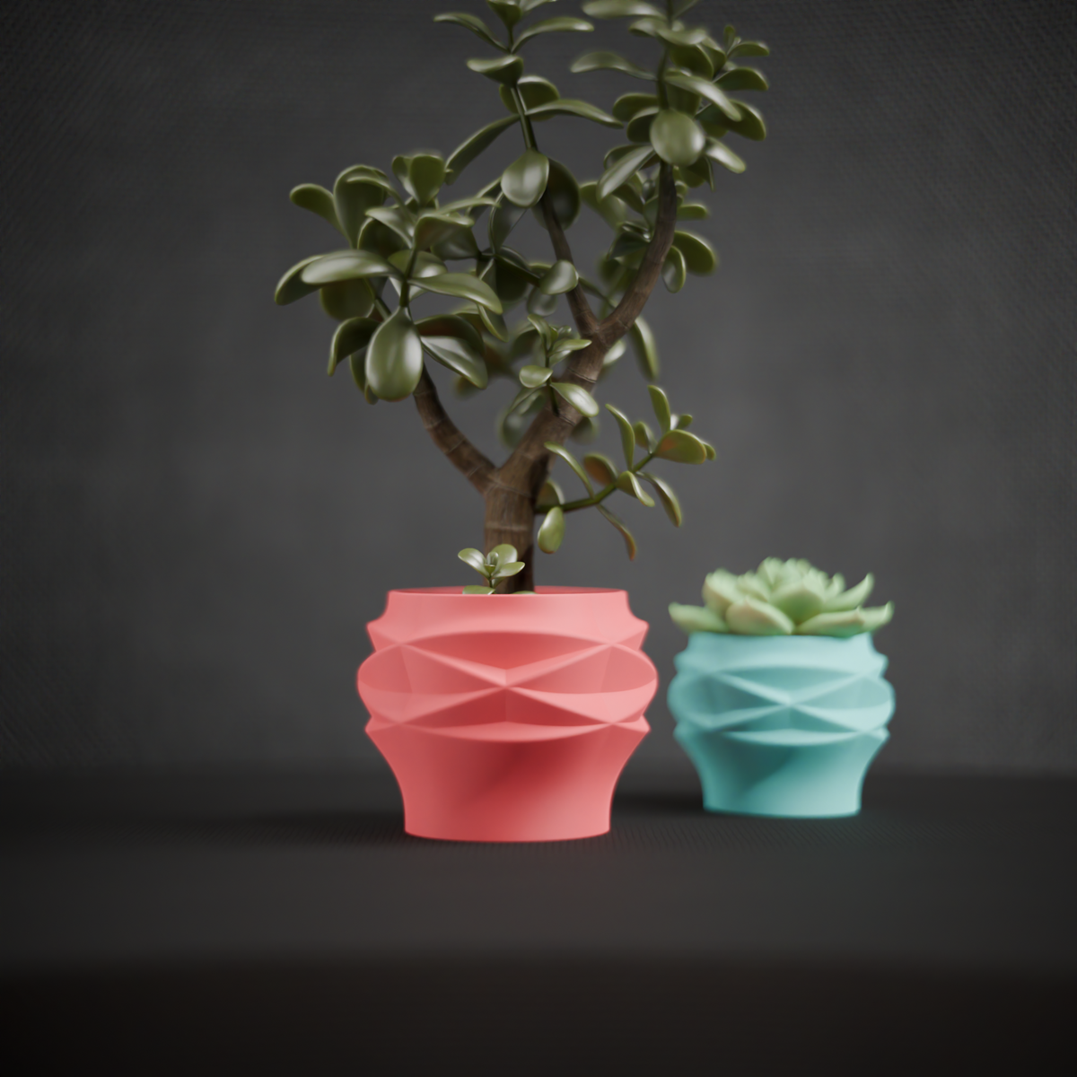 Diamond Faceted Two-Part Planter render three quarter angle showing waisted silhouette and diamond texture