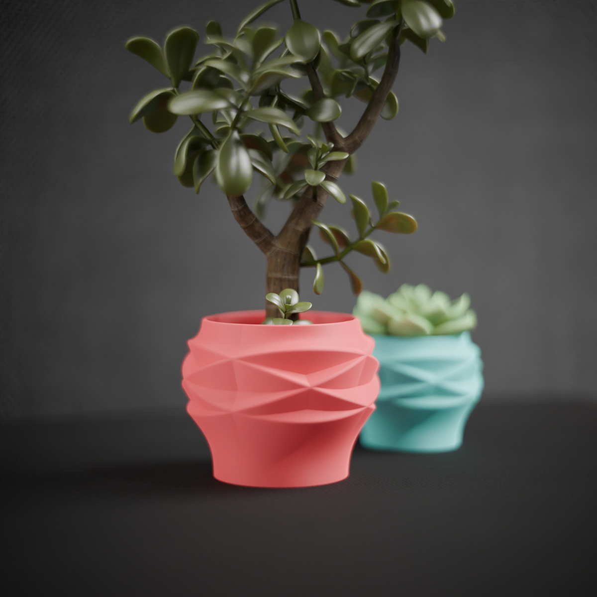 Diamond Faceted Two-Part Planter render side view showing hourglass profile and drip tray base