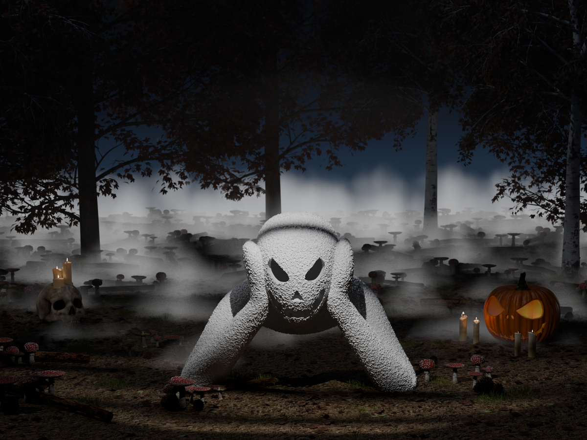 White textured NOBODY LANTERN glowing in a misty Halloween forest display