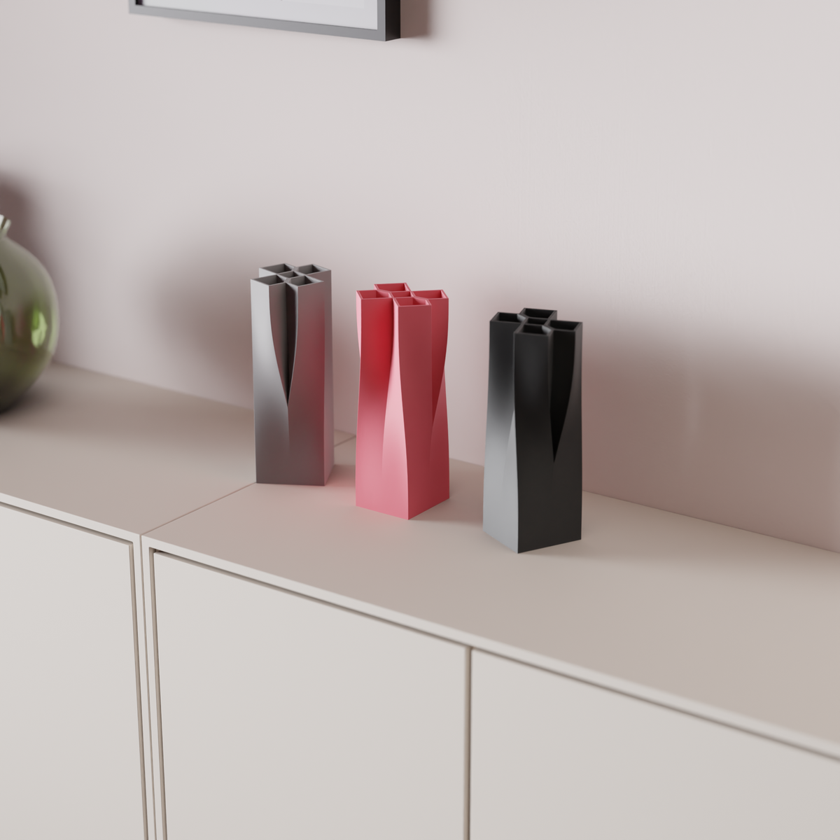 Quad Twist Vase side profile white background render showing twisted body silhouette and top channel detail
