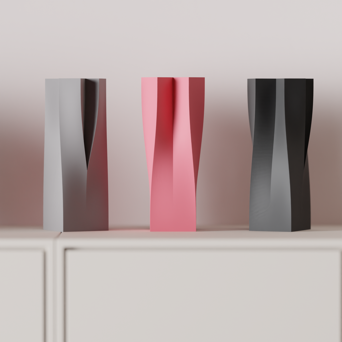 Quad Flow Vase pink four interlocked twisted square columns close up detail showing spiral twist grooves and matte surface texture