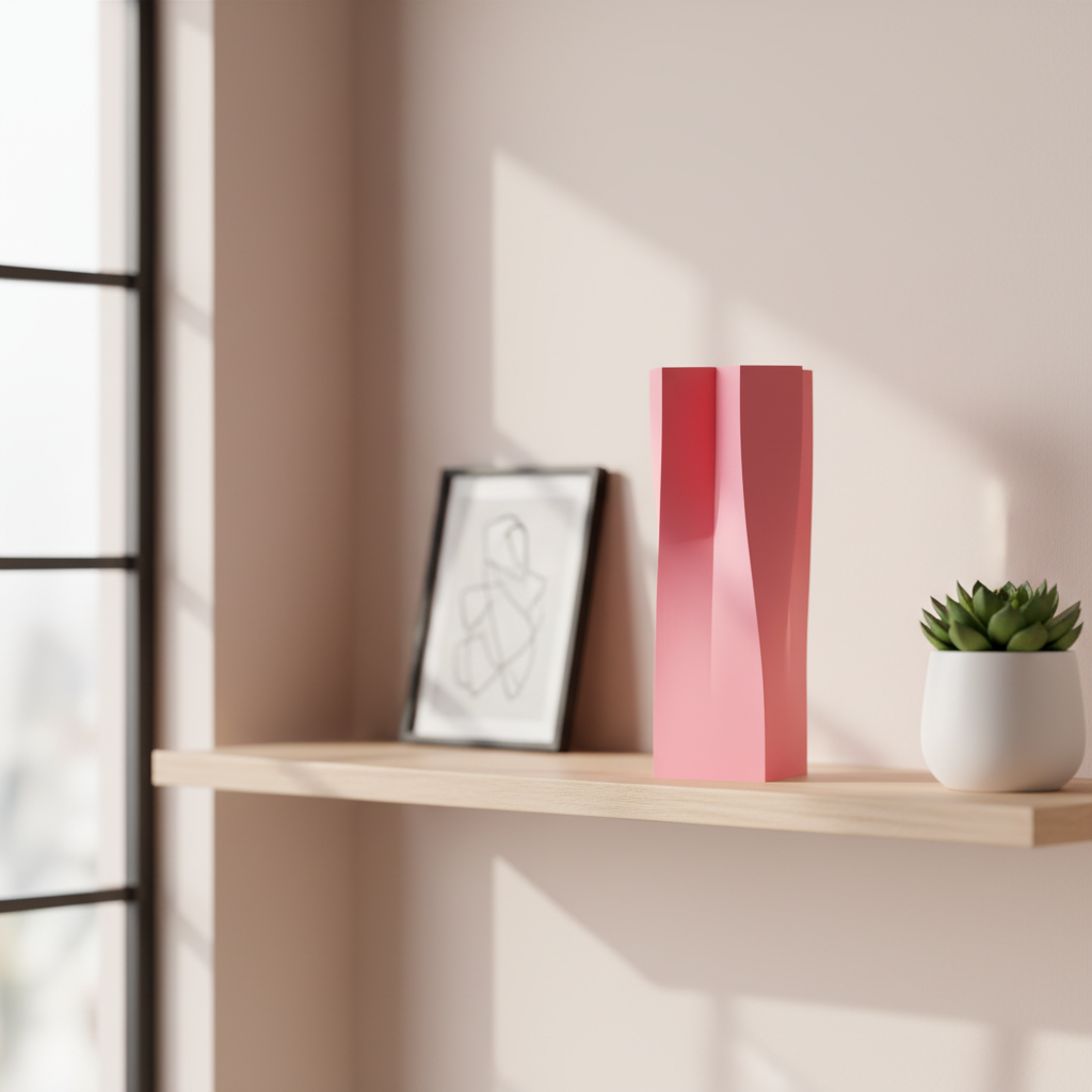 Quad Twist Vase pink on warm beige sideboard minimal interior lifestyle photography