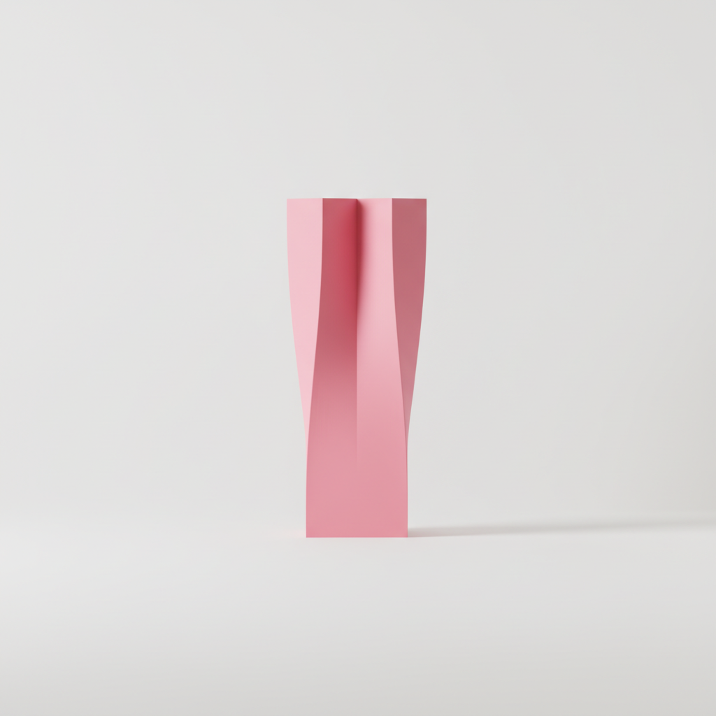 Quad Flow Vase pink four interlocked twisted square columns surrounded by pastel geometric shapes cube pyramid cylinder pale pink background wide