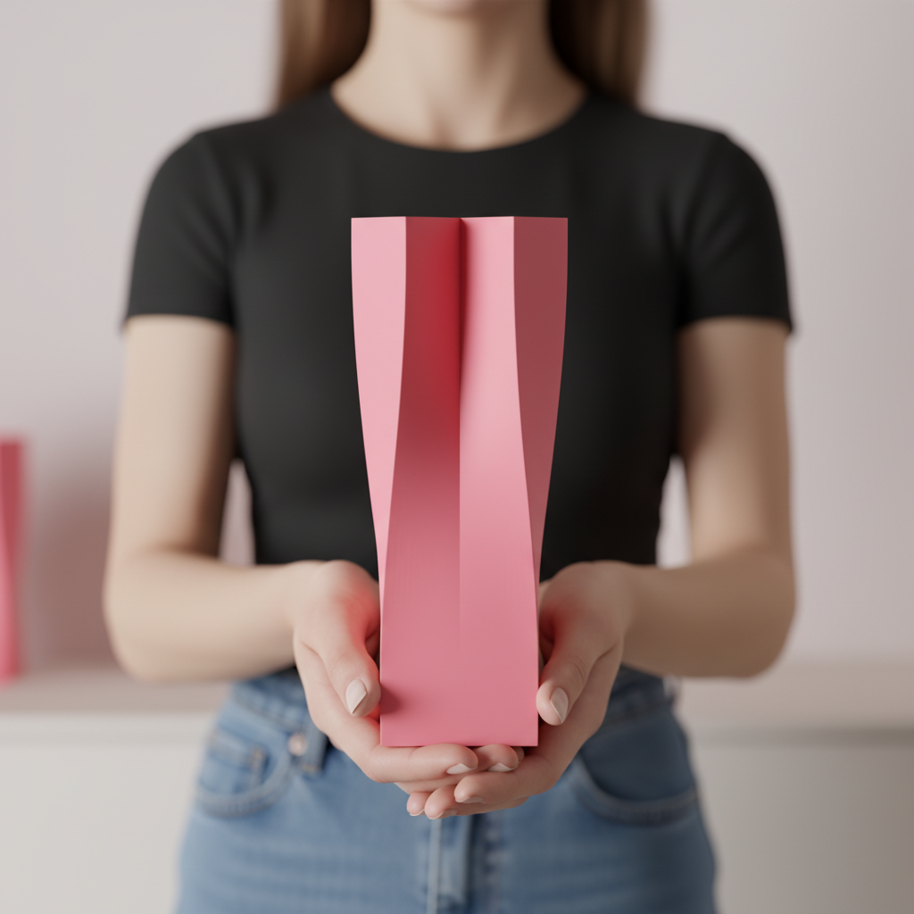 Quad Twist Vase pink held in two hands black background dramatic lighting close up