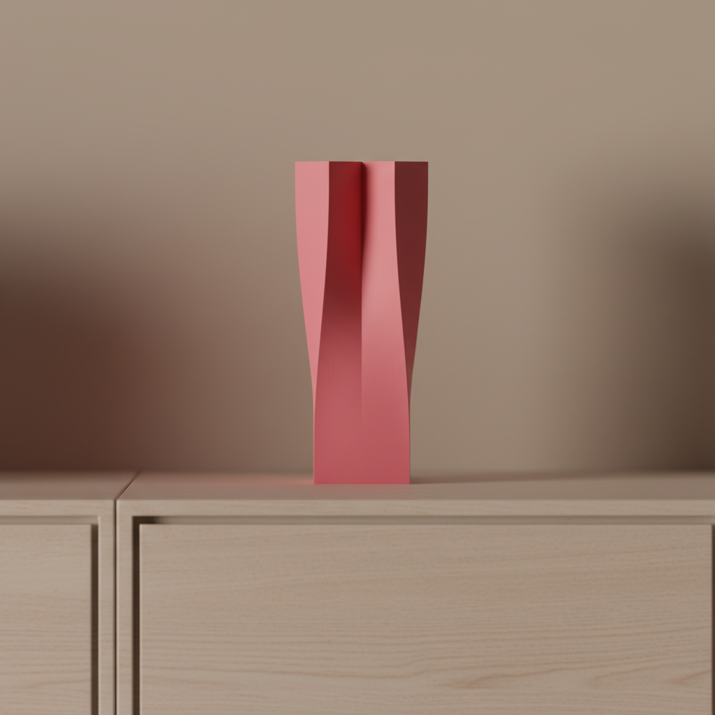 Quad Flow Vase pink four interlocked twisted square columns floating surrounded by teal green beige geometric shapes teal background dynamic