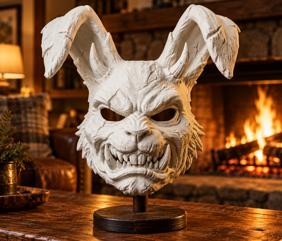 White Brutal Rabbit Mask displayed on a stand beside a glowing fireplace