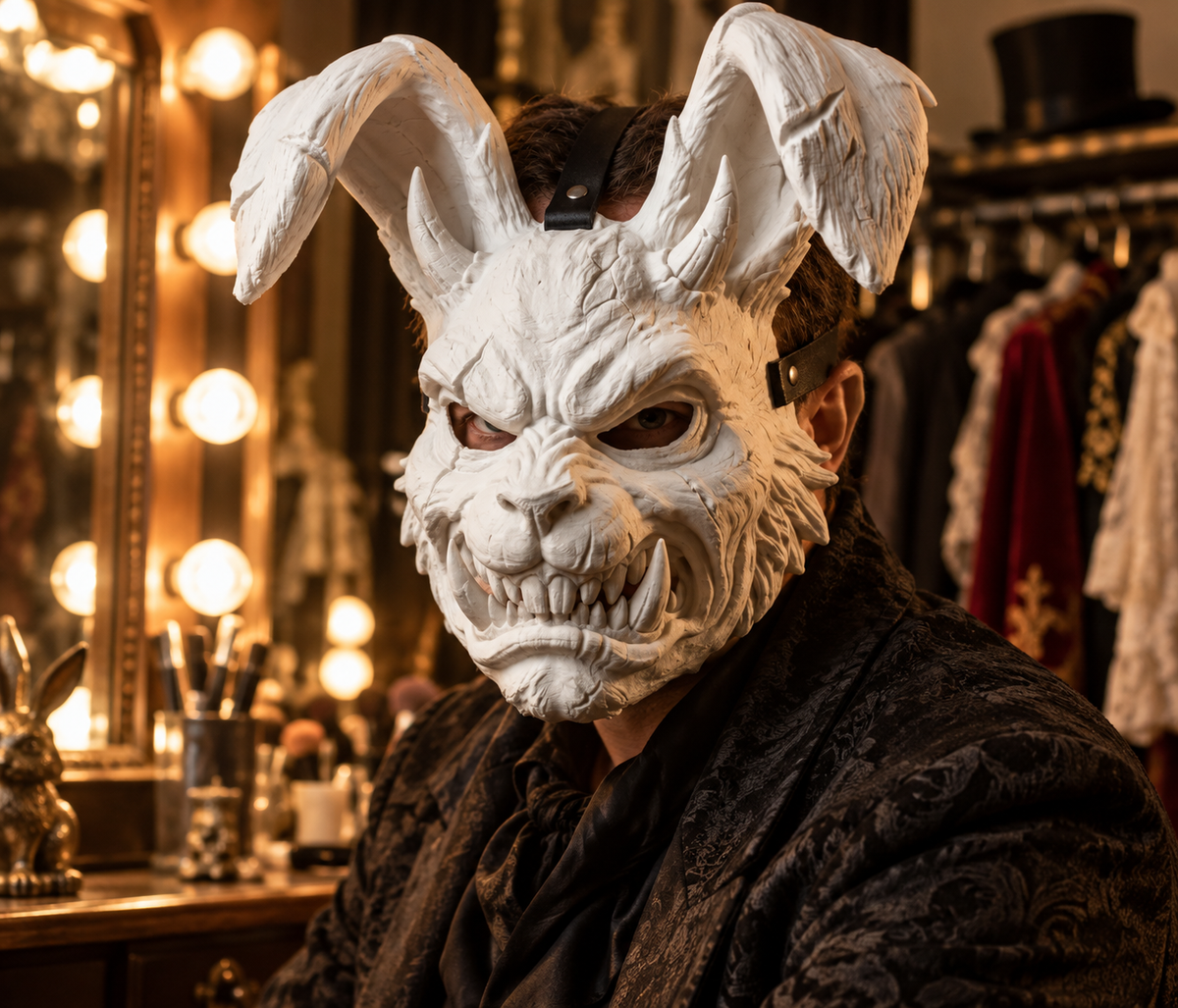 Person wearing the white Brutal Rabbit Mask in a theatrical dressing room