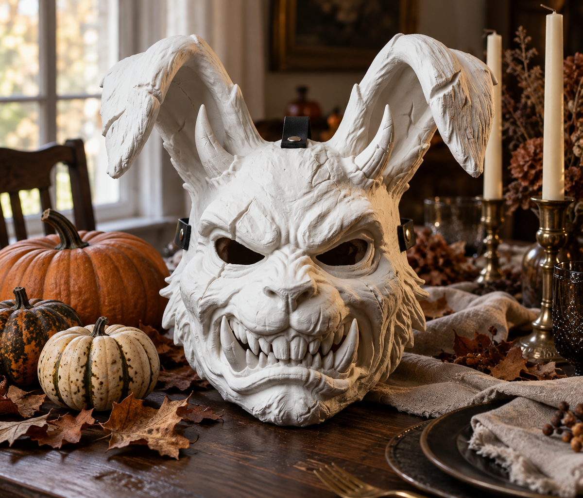 White Brutal Rabbit Mask displayed among pumpkins and autumn leaves on a Halloween table